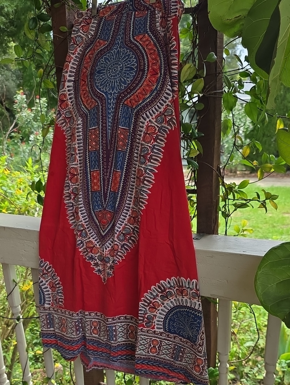 Vintage 1960s Dashiki Print Maxi Skirt Red Blue Boho Psychedelic California